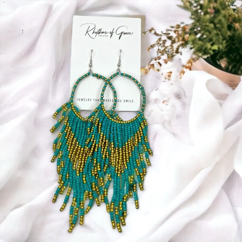 Boho Bliss: Teal & Gold Beaded Dangle Earrings to Dazzle Your Style! NWT